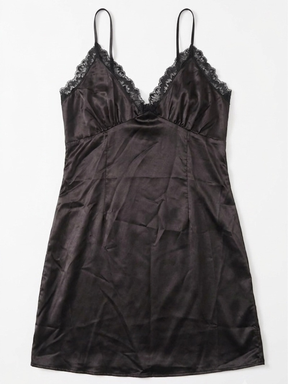 NEW Black Satin Lace-Trim Chemise Dress NWT